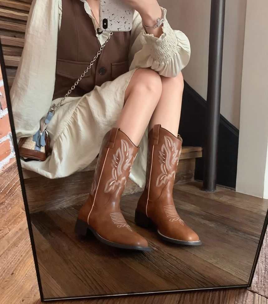 Leather Heel Faux Embroidered Boots Chunky Mid-Calf Cowboy