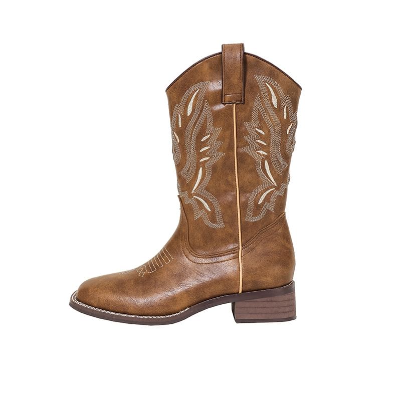 Leather Heel Faux Embroidered Boots Chunky Mid-Calf Cowboy
