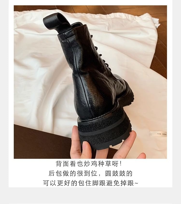 Genuine Boots Leather Short Platform Lace-Up Plain