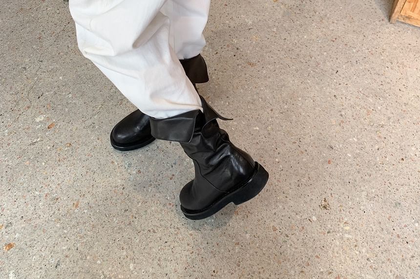 Mid-Calf Leather Boots Plain Platform Genuine