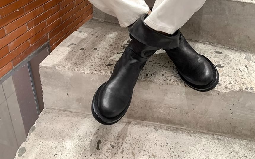 Mid-Calf Leather Boots Plain Platform Genuine