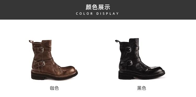 Platform Boots Genuine Leather Buckled Plain Short