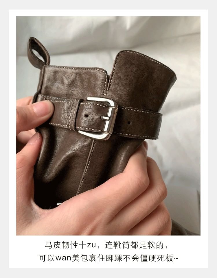 Platform Boots Genuine Leather Buckled Plain Short