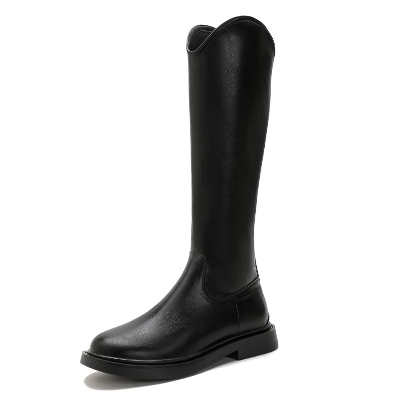 Faux Boots Platform Tall Leather Plain Zip-Up