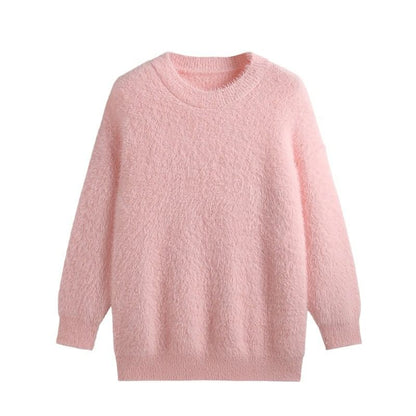 Round Neck Plain Fluffy Sweater