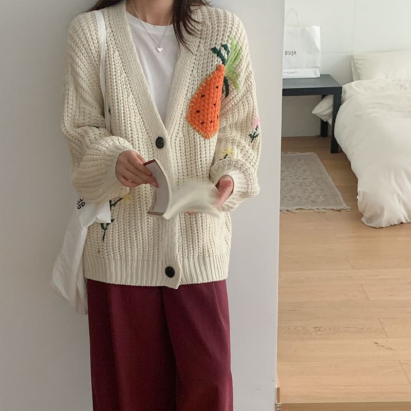 V-Neck Flower Embroidered Chunky Knit Cardigan