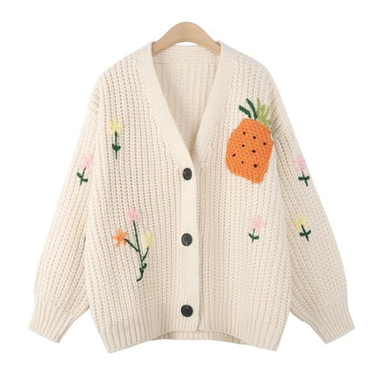 V-Neck Flower Embroidered Chunky Knit Cardigan