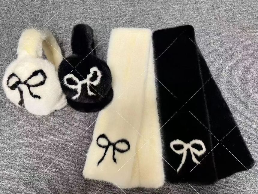 Print Floral / Bow Set Ear Scarf Muffs Fluffy