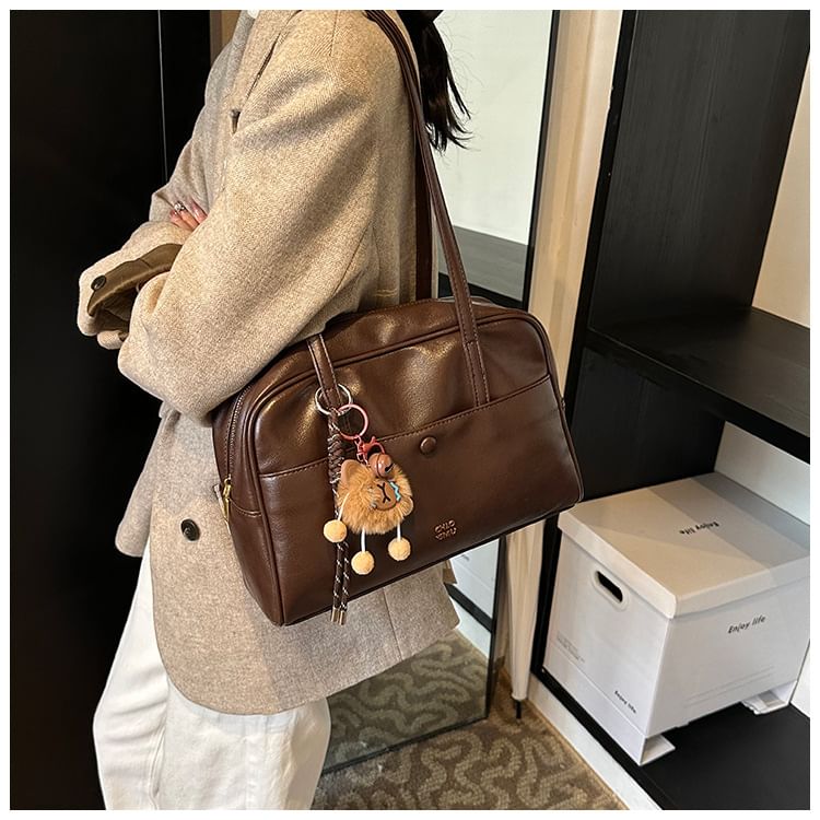 Lettering Faux Leather Tote Bag / Bag Charm / Set