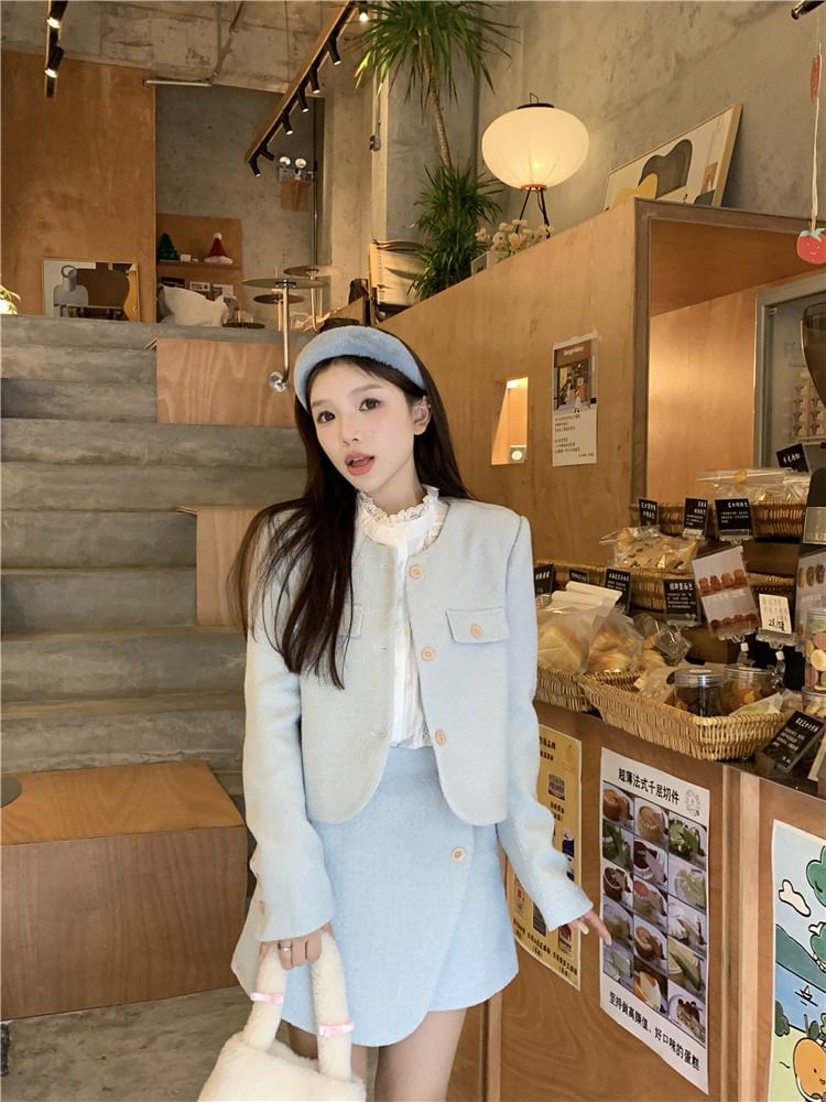 Long Sleeve Stand Collar Plain Lace Trim Blouse / Crew Neck Plain Tweed Button Jacket / High Rise Asymmetrical Mini A-Line Skirt