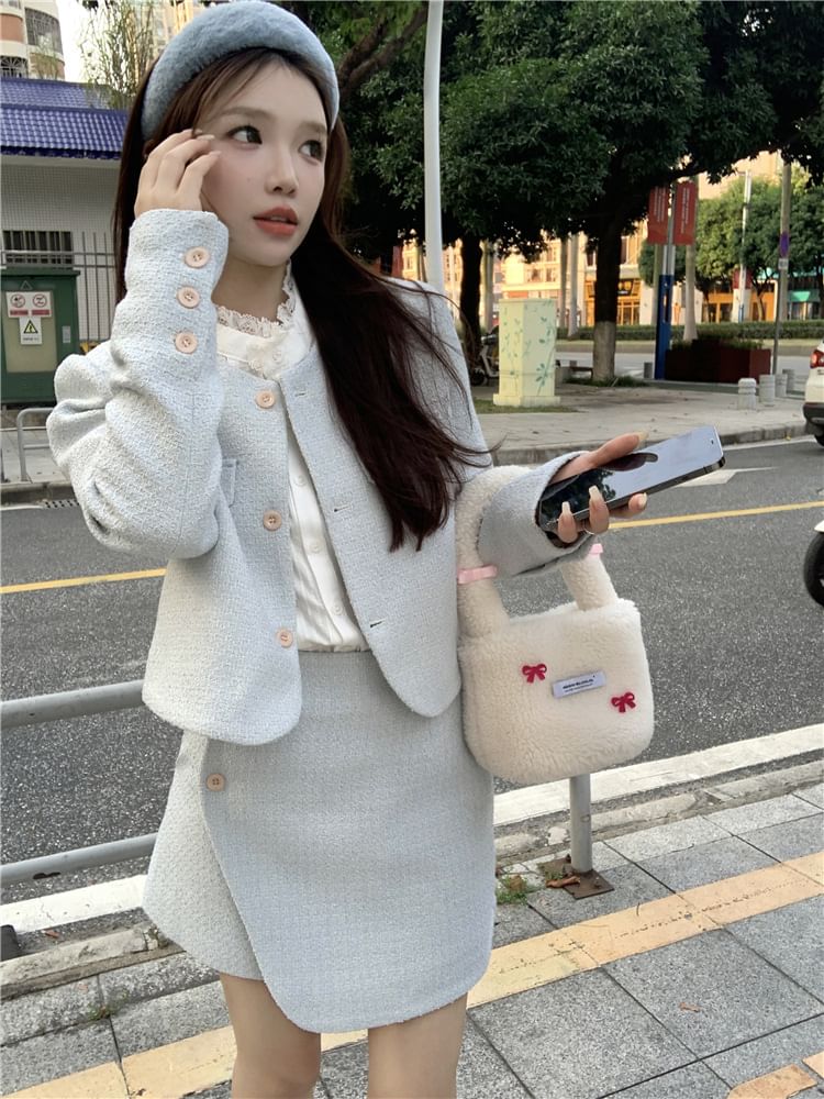 Long Sleeve Stand Collar Plain Lace Trim Blouse / Crew Neck Plain Tweed Button Jacket / High Rise Asymmetrical Mini A-Line Skirt