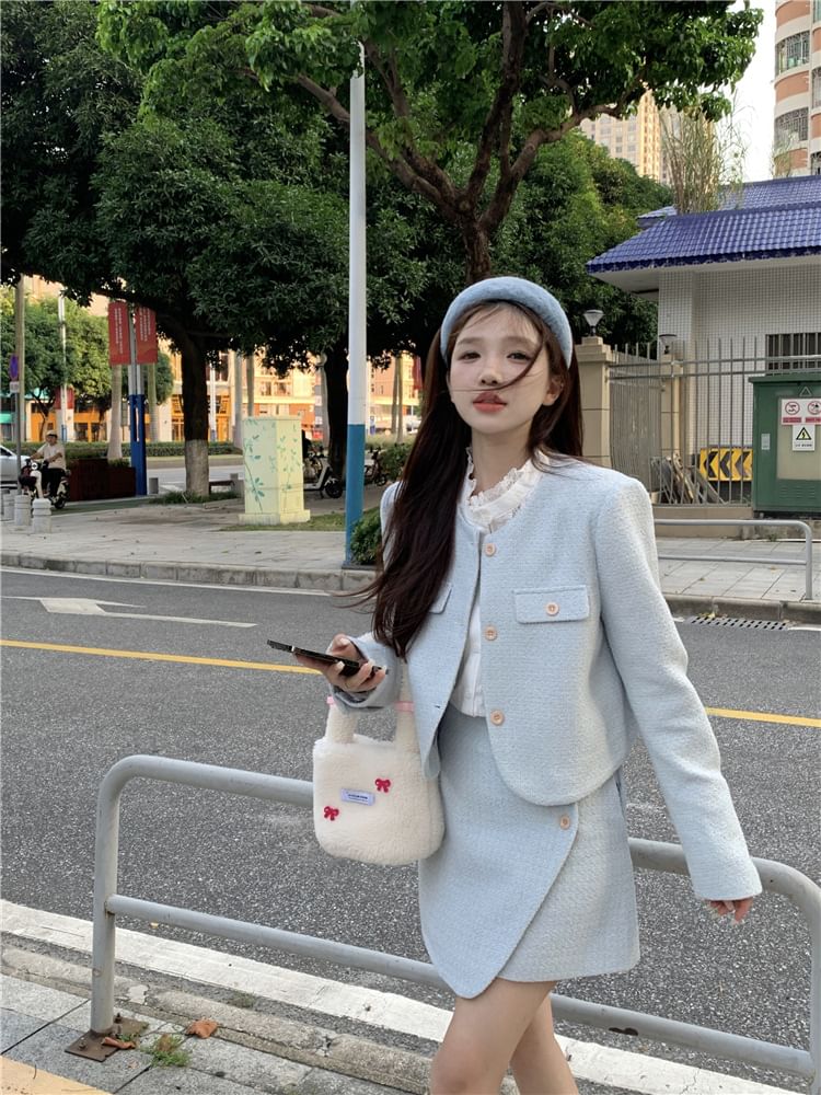 Long Sleeve Stand Collar Plain Lace Trim Blouse / Crew Neck Plain Tweed Button Jacket / High Rise Asymmetrical Mini A-Line Skirt