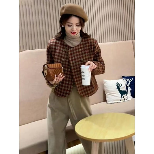 Crew Neck Houndstooth Tweed Double Breasted Cropped Jacket