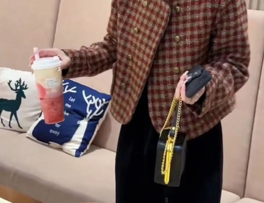 Crew Neck Houndstooth Tweed Double Breasted Cropped Jacket