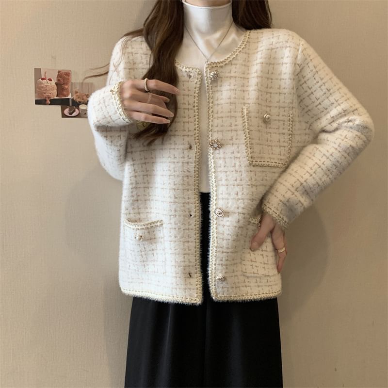 V-Neck Tweed Button-Up Jacket