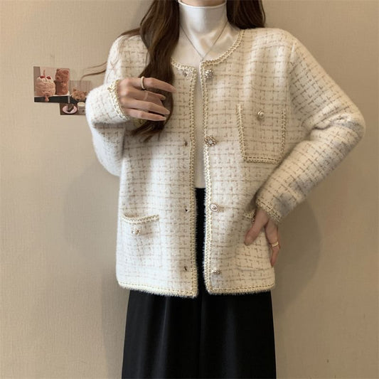 V-Neck Tweed Button-Up Jacket