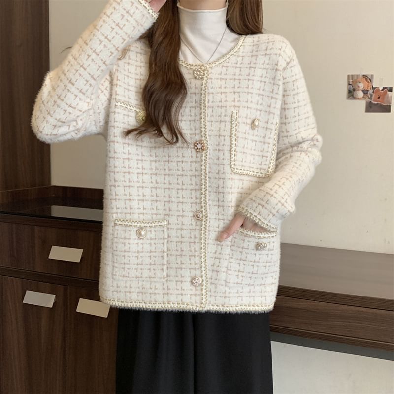 V-Neck Tweed Button-Up Jacket