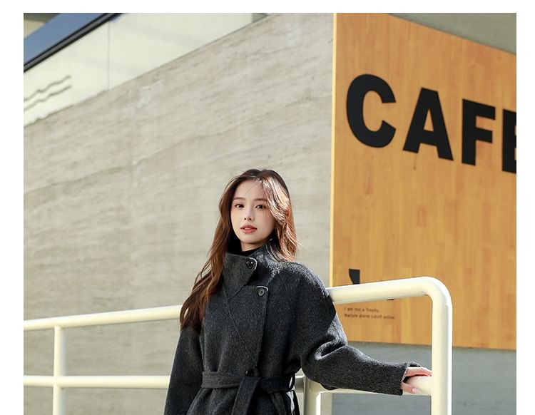 Set: Stand Collar Plain Button-Up Coat + Belt