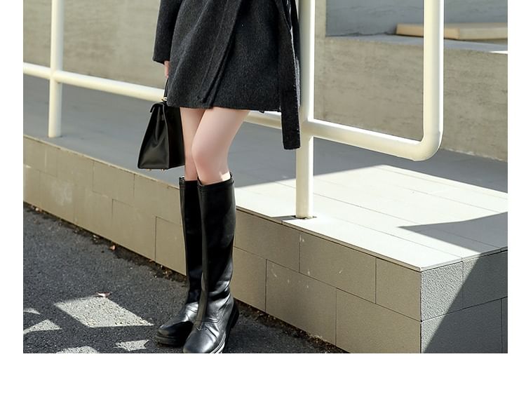 Set: Stand Collar Plain Button-Up Coat + Belt