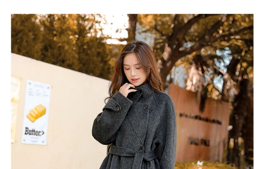 Set: Stand Collar Plain Button-Up Coat + Belt