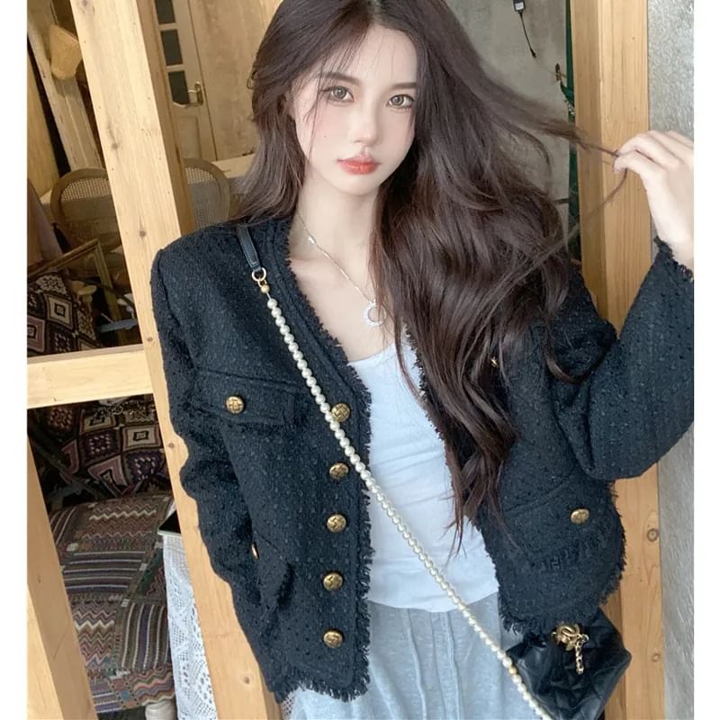 V-Neck Plain Fringed Tweed Crop Button Jacket