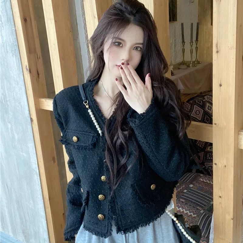 V-Neck Plain Fringed Tweed Crop Button Jacket