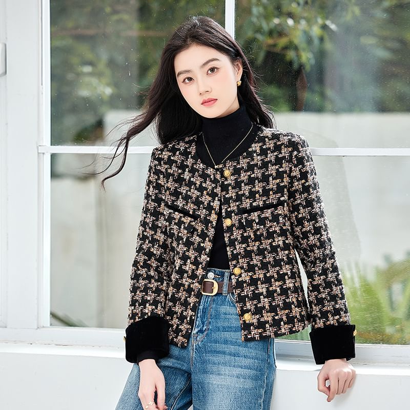 Crew Neck Patterned Button-Up Tweed Jacket