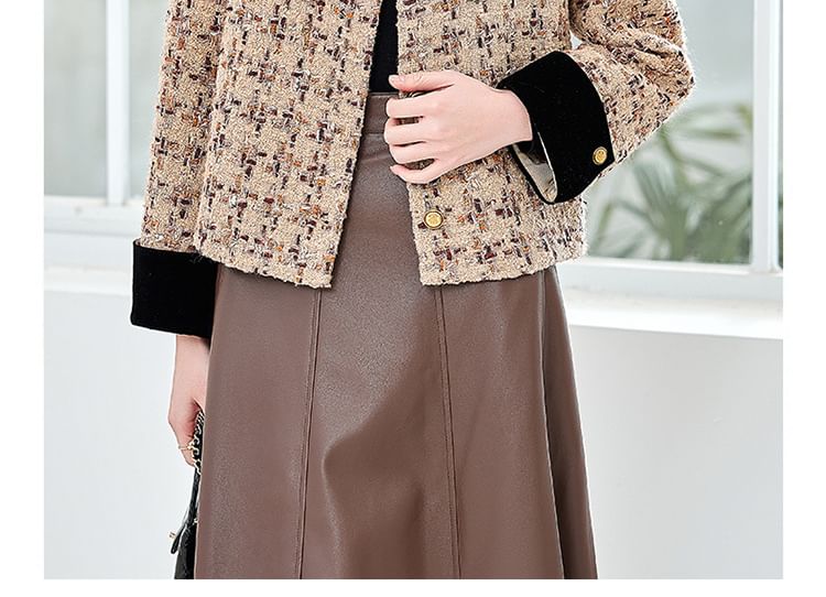 Crew Neck Patterned Button-Up Tweed Jacket