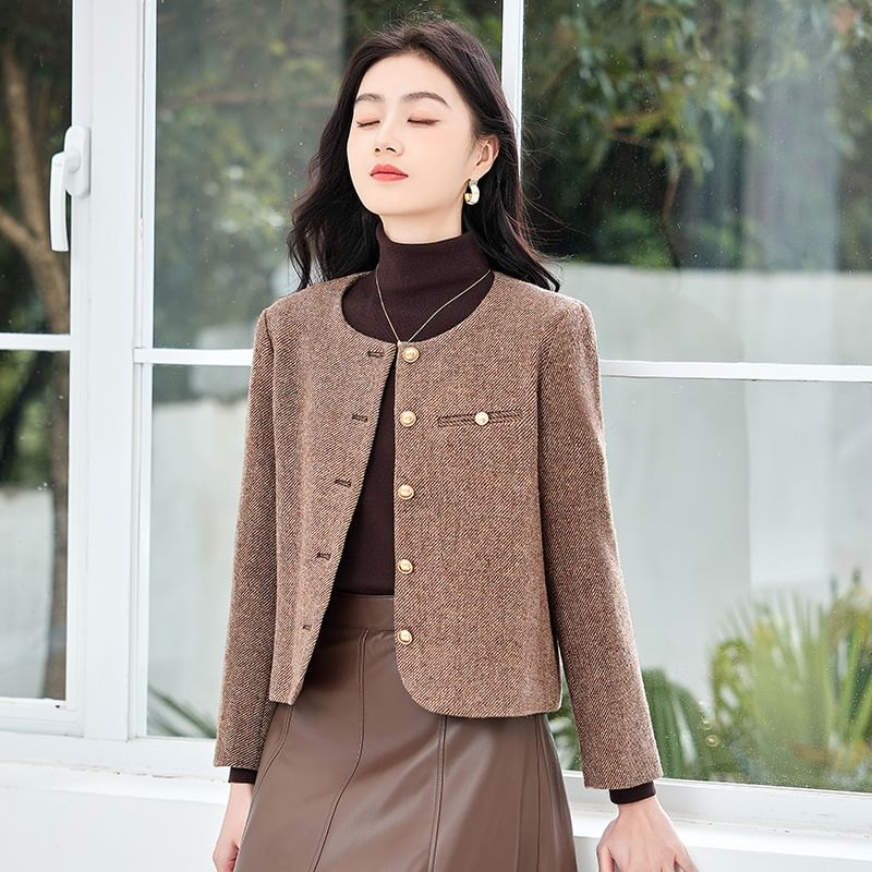 Crew Neck Button-Up Tweed Jacket