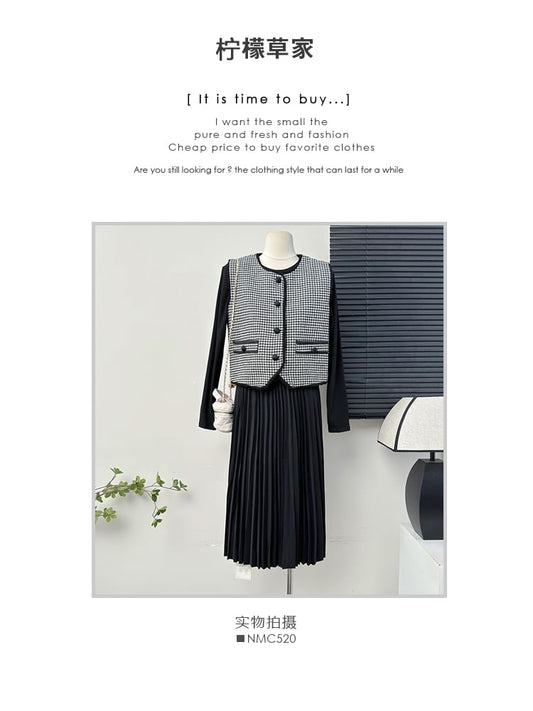 Set: Gingham Tweed Vest + Pleated A-Line Dress