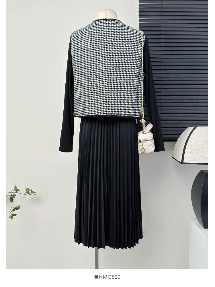 Set: Gingham Tweed Vest + Pleated A-Line Dress