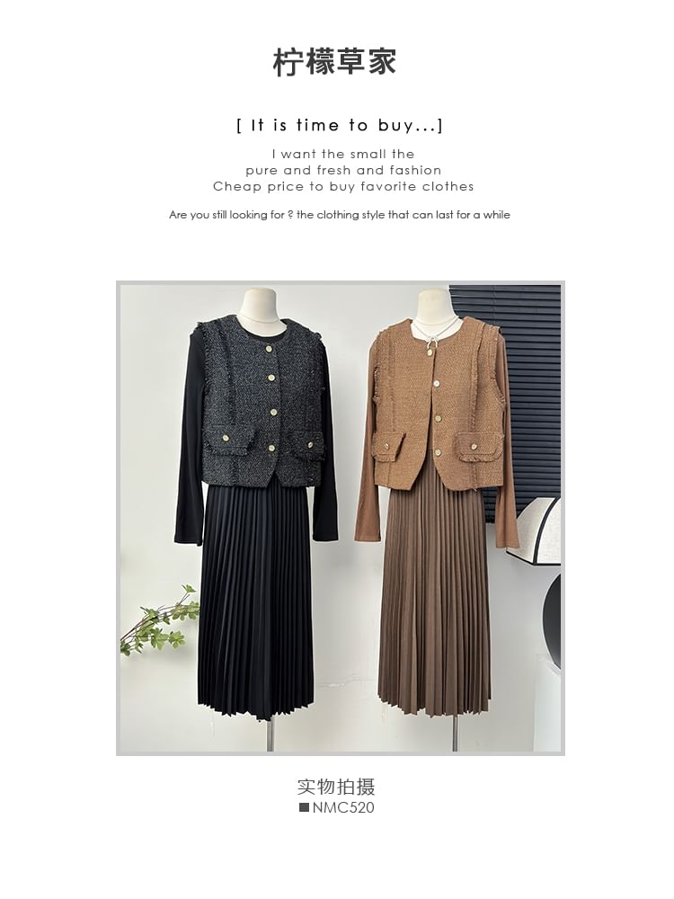 Frayed Tweed Vest / Pleated A-Line Dress