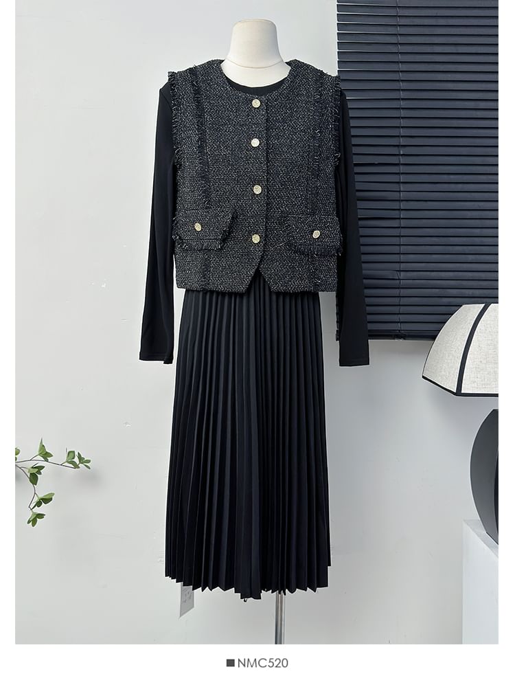 Frayed Tweed Vest / Pleated A-Line Dress