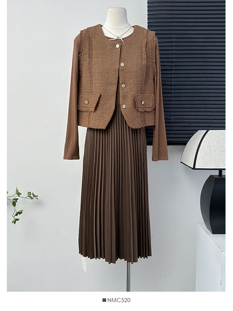 Frayed Tweed Vest / Pleated A-Line Dress