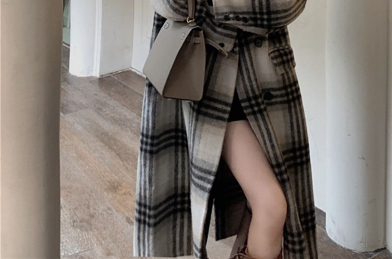 Plaid Double-Breasted Lapel Woolen Coat