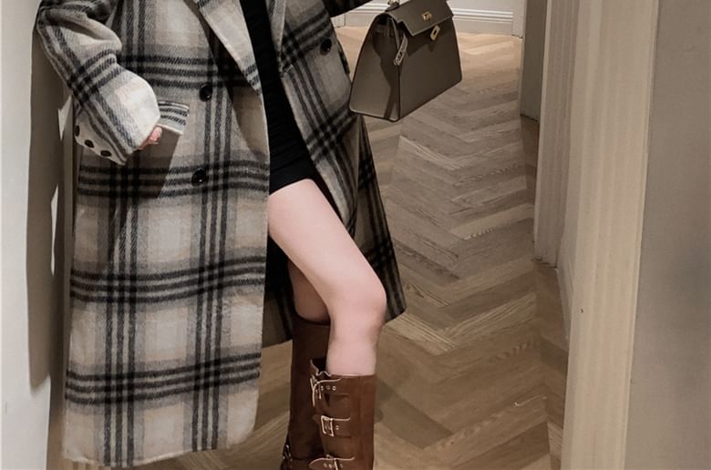 Plaid Double-Breasted Lapel Woolen Coat