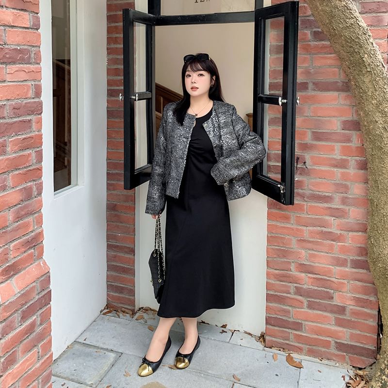 Round Neck Sequined Tweed Crop Button Jacket