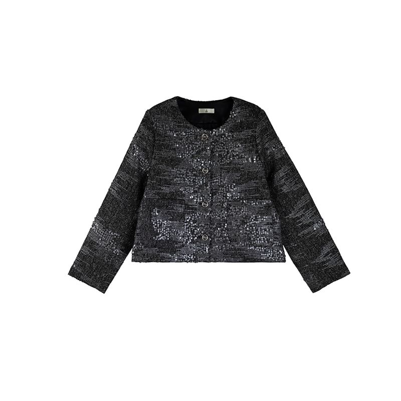Round Neck Sequined Tweed Crop Button Jacket