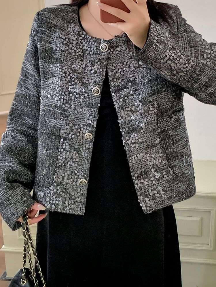 Round Neck Sequined Tweed Crop Button Jacket