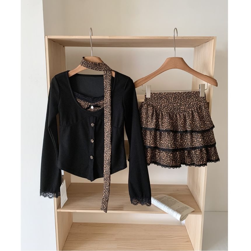 + Print Set: Skirt Plain Top Long-Sleeve V-Neck Tiered Waist High Leopard Mini Button-Up
