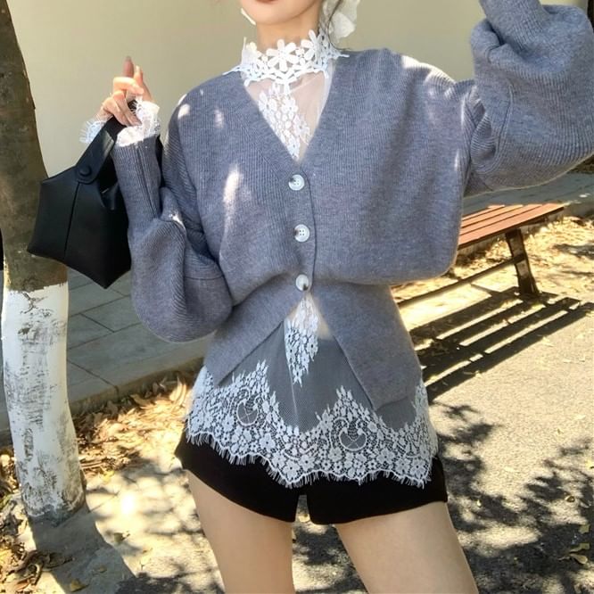 / Lace Long-Sleeve Waist Button-Up High V-Neck Neck Shorts Cardigan Top
