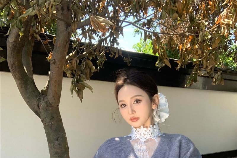 / Lace Long-Sleeve Waist Button-Up High V-Neck Neck Shorts Cardigan Top