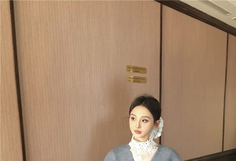 / Lace Long-Sleeve Waist Button-Up High V-Neck Neck Shorts Cardigan Top