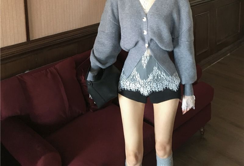 / Lace Long-Sleeve Waist Button-Up High V-Neck Neck Shorts Cardigan Top