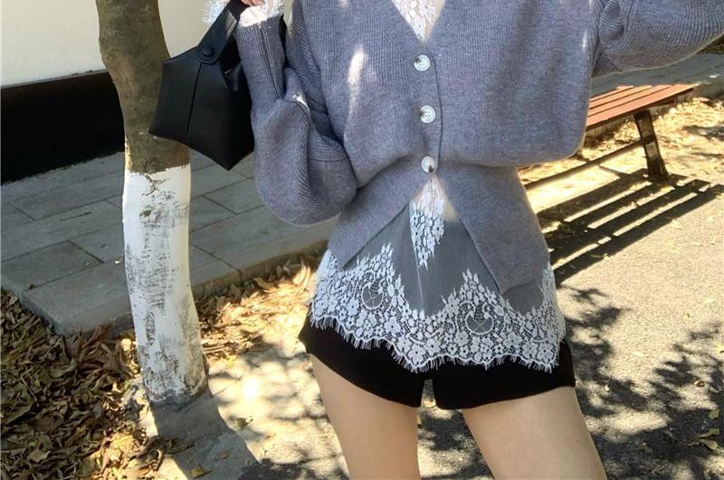 / Lace Long-Sleeve Waist Button-Up High V-Neck Neck Shorts Cardigan Top