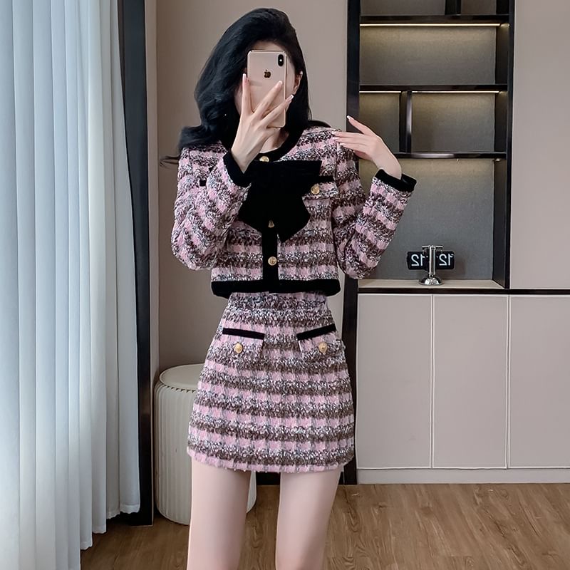 Set: Round Neck Plaid Bow Tweed Crop Button Jacket + High Waist Mini Pencil Skirt