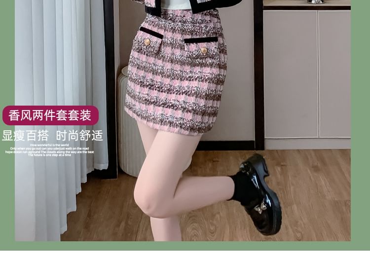 Set: Round Neck Plaid Bow Tweed Crop Button Jacket + High Waist Mini Pencil Skirt