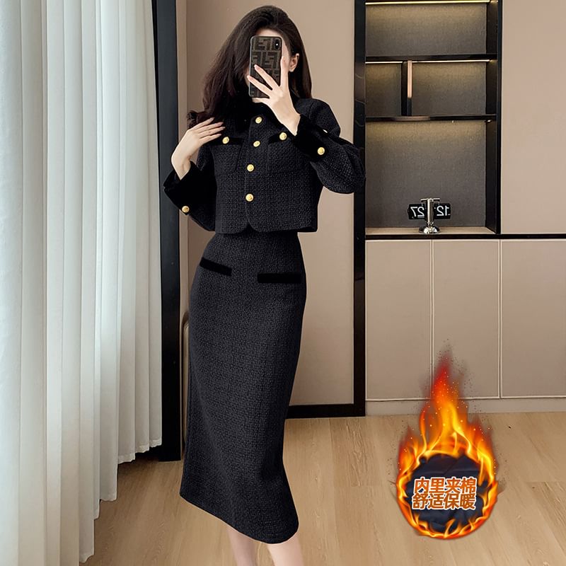 Set: Tweed Crop Button Jacket + High Waist Midi Pencil Skirt