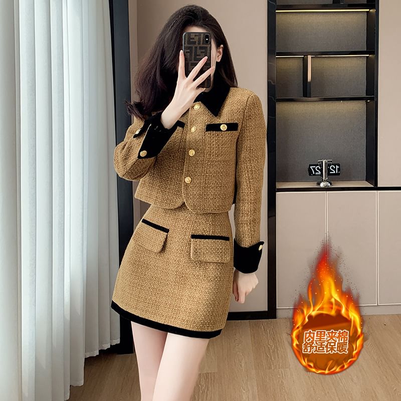 Set: Tweed Crop Button Jacket + High Rise Mini A-Line Skirt