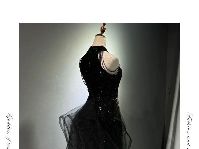 Neck Embroidered Sequined Gown Sleeveless Evening Halter Maxi